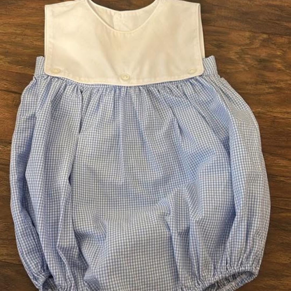 Classic Blue Gingham Baby One-Piece with White Bib
